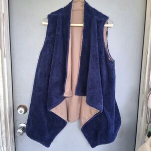 NWT Fully Reversible Soft Cozy Long Drape Vest Rich Navy Blue Tan